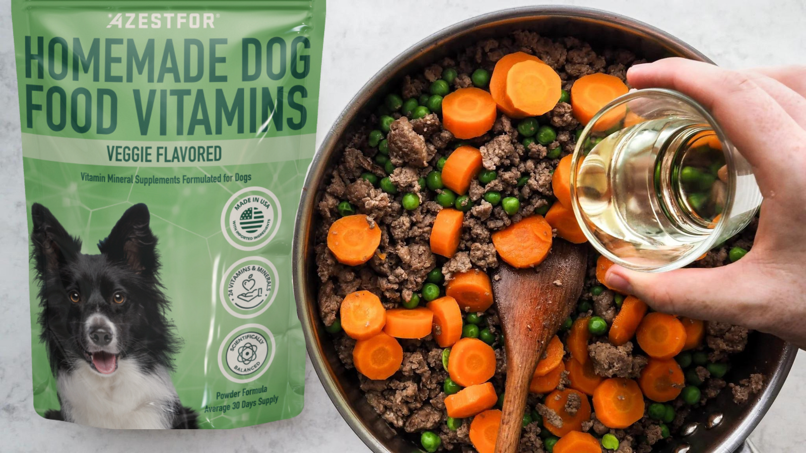 Recipes-homemade_dog-food_bison-peas-carrots-hand_pouring_oil_linoleic_acid
