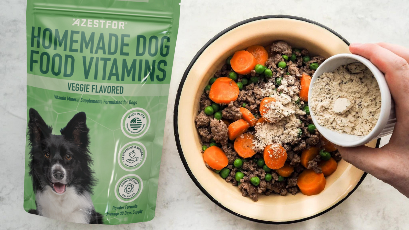 Recipes_Homemade_dog_food_bison-peas-carrots-Hand_Sprinkling_Nutrient_pre-Mix