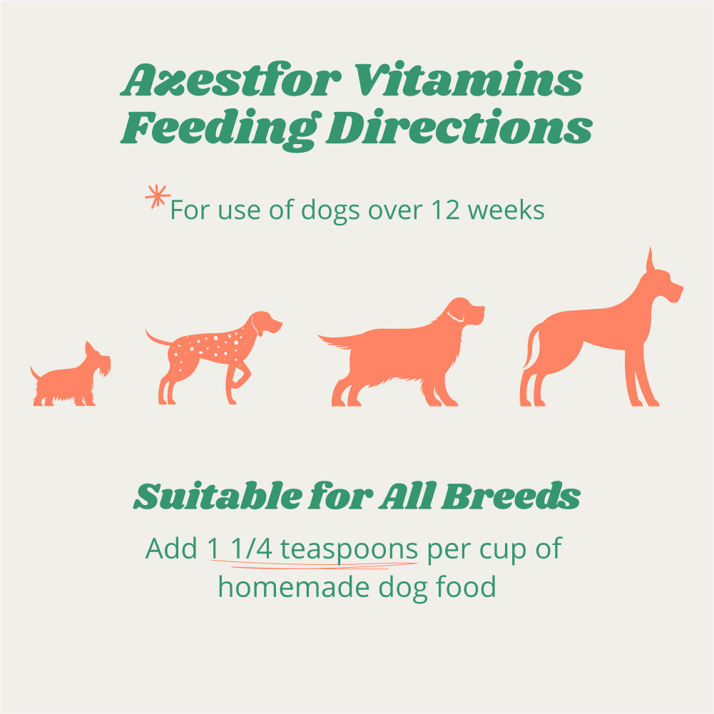 feeding instructions azestfor vitamins add 1 1/4 teaspoons per cup of homemade dog food suitable all breeds for use in dogs over 12 weeks cartoon illustration